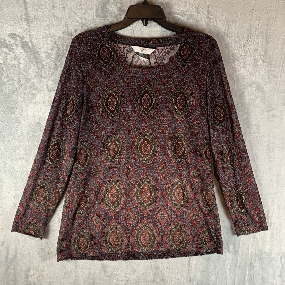 Marina Basic Women's Velvet Burnout Top Long Sleeve Italy‎ Geometric Print Red M